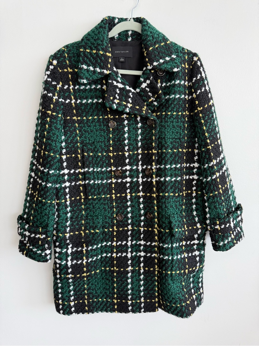 Ann Taylor Green Plaid Bouclé Double-Breasted Pea Coat